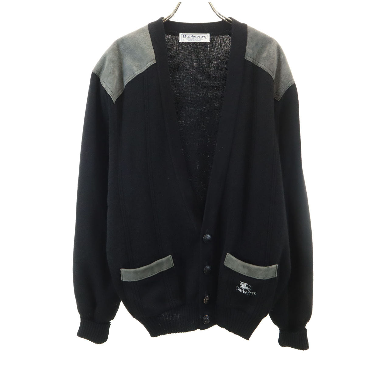 Burberrys バーバリーズ 90s 英国製 オールド 長袖 コマンド Vネック ニットカーディガン L ブラック エルボーパッチ メンズ