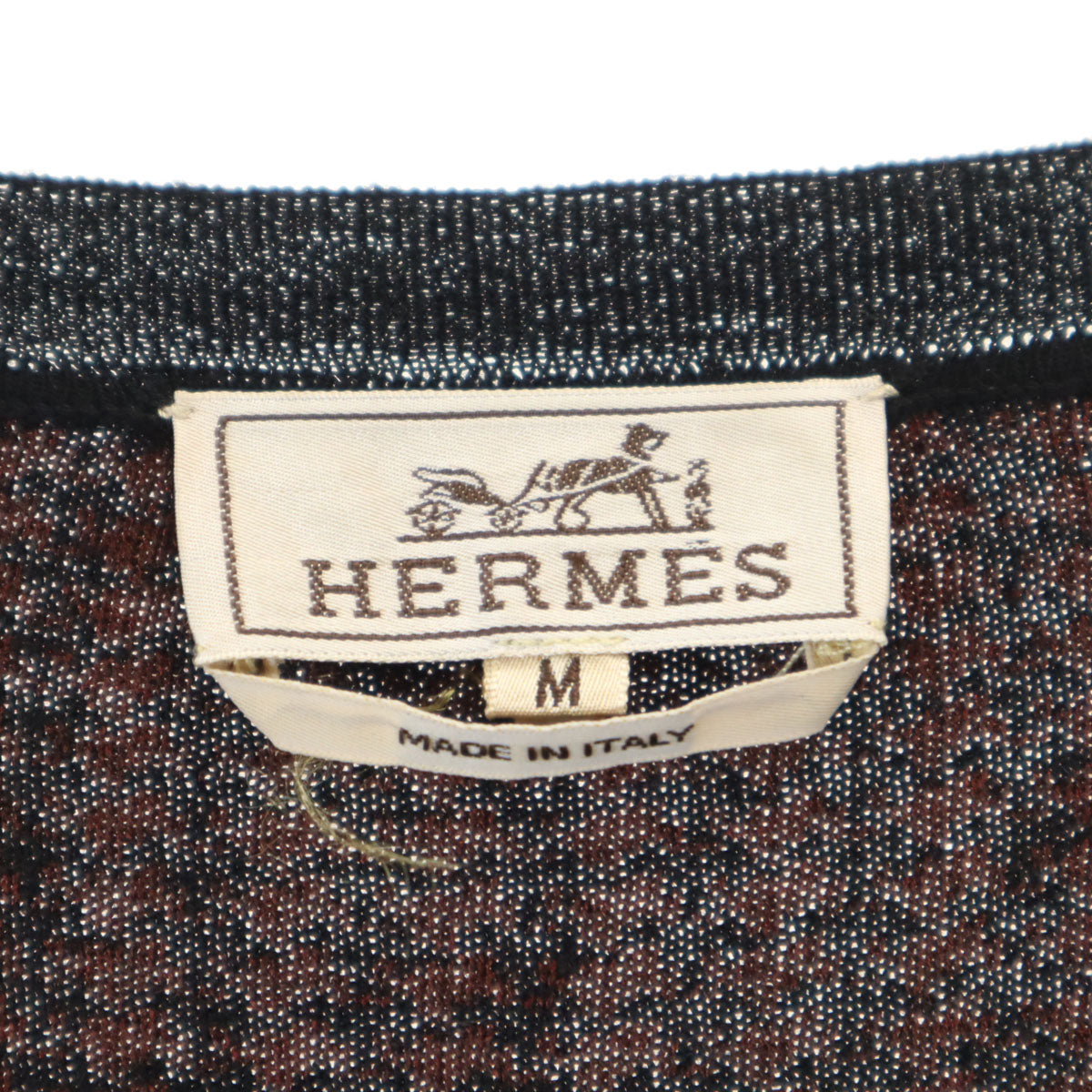 HERMES エルメス イタリア製 シルクブレンド ハウンドトゥース柄 長袖 ニット M ブラウン セーター 千鳥格子 メンズ