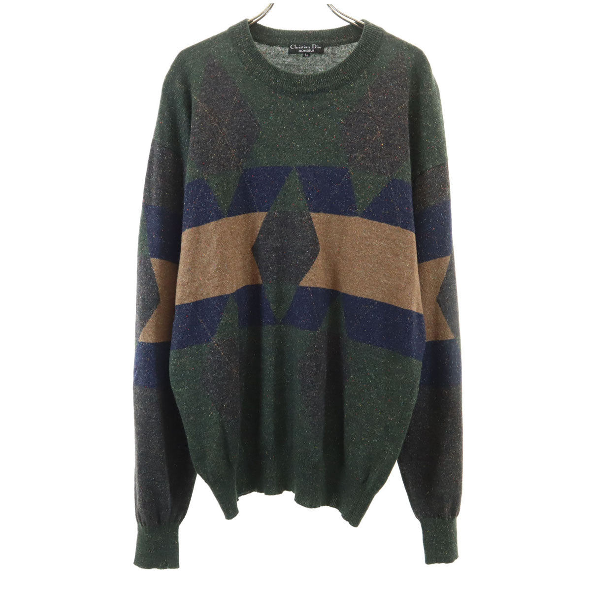 美品 Christian Dior MONSIEUR クリスチャンディオール ムッシュ 90s オールド アーガイル柄 長袖 ニット L 深緑 セーター メンズ