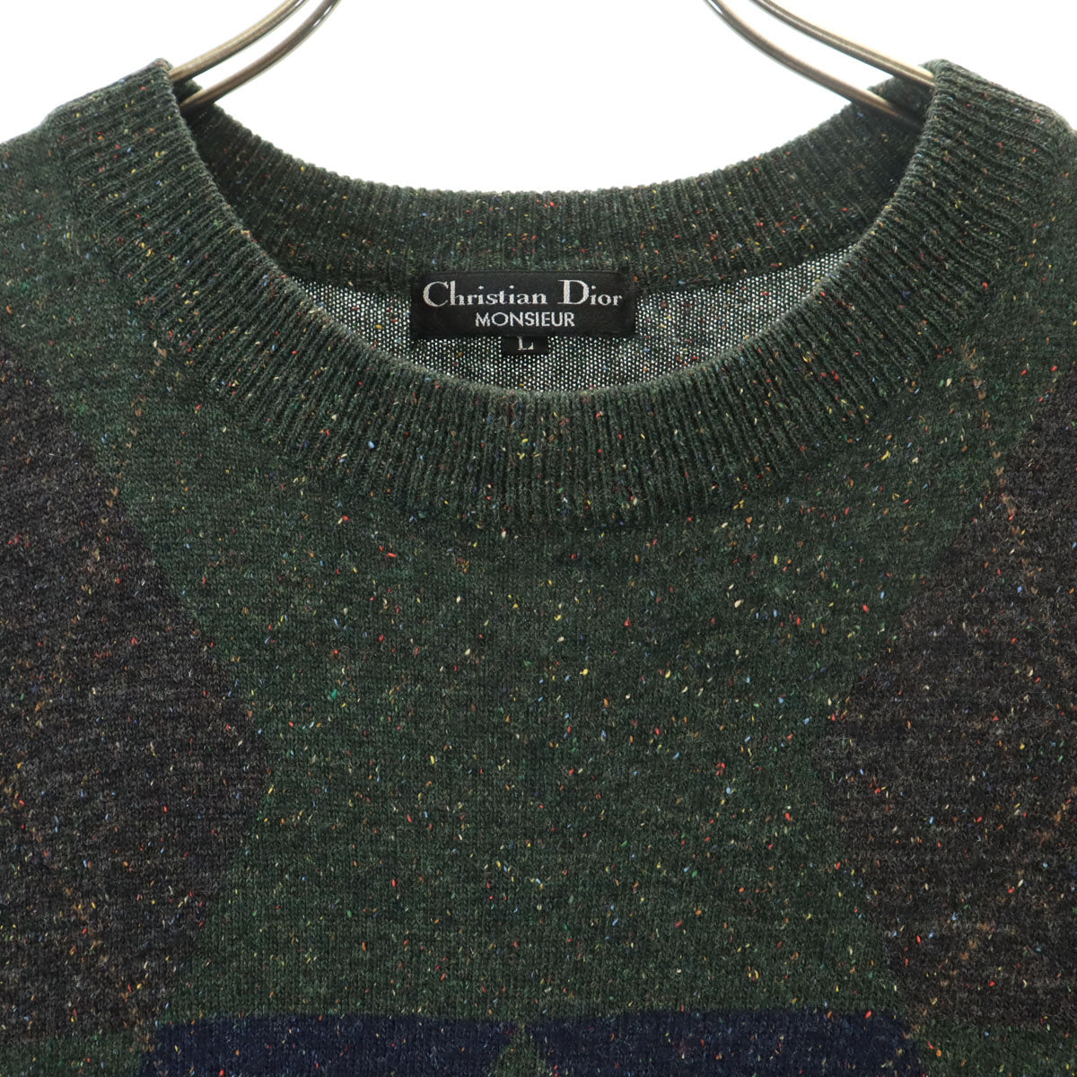 美品 Christian Dior MONSIEUR クリスチャンディオール ムッシュ 90s オールド アーガイル柄 長袖 ニット L 深緑 セーター メンズ