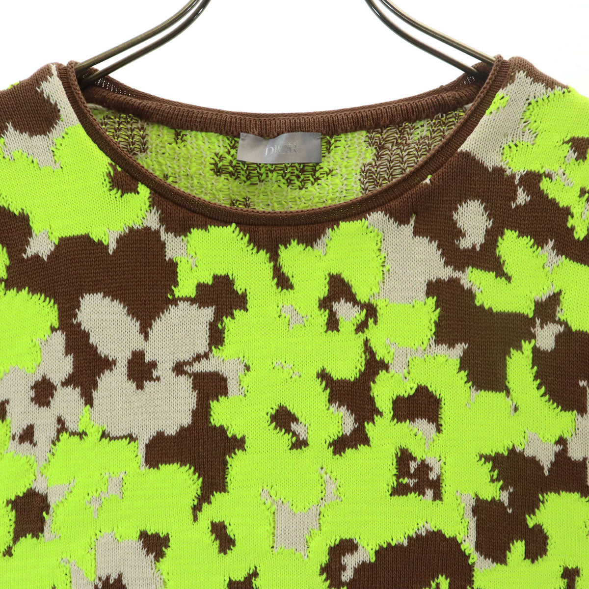 美品 Dior ディオール 22SS イタリア製 総柄 長袖 テクニカルコットン ジャカード ニット S ネオンイエロー セーター メンズ