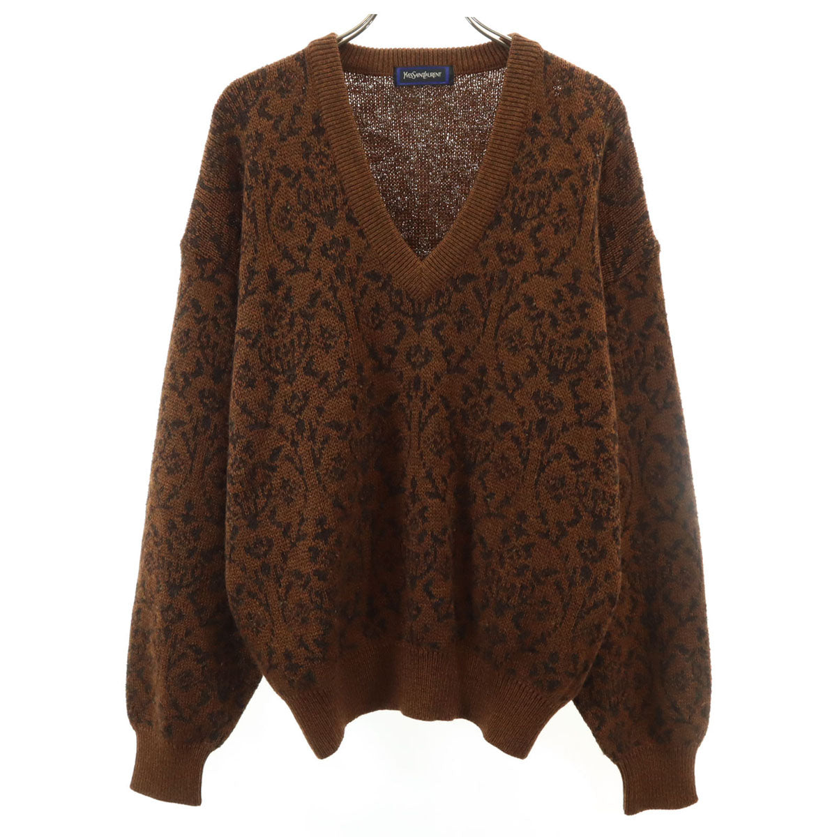 YVES SAINT LAURENT イヴサンローラン 90s オールド 総柄 長袖 Vネック セーター M ブラウン ニット レディース