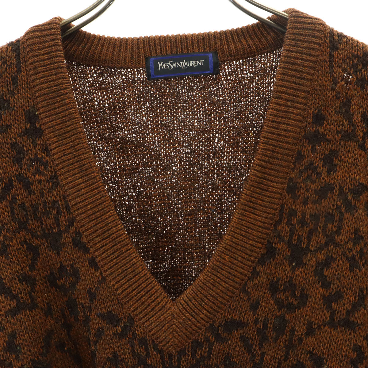 YVES SAINT LAURENT イヴサンローラン 90s オールド 総柄 長袖 Vネック セーター M ブラウン ニット レディース