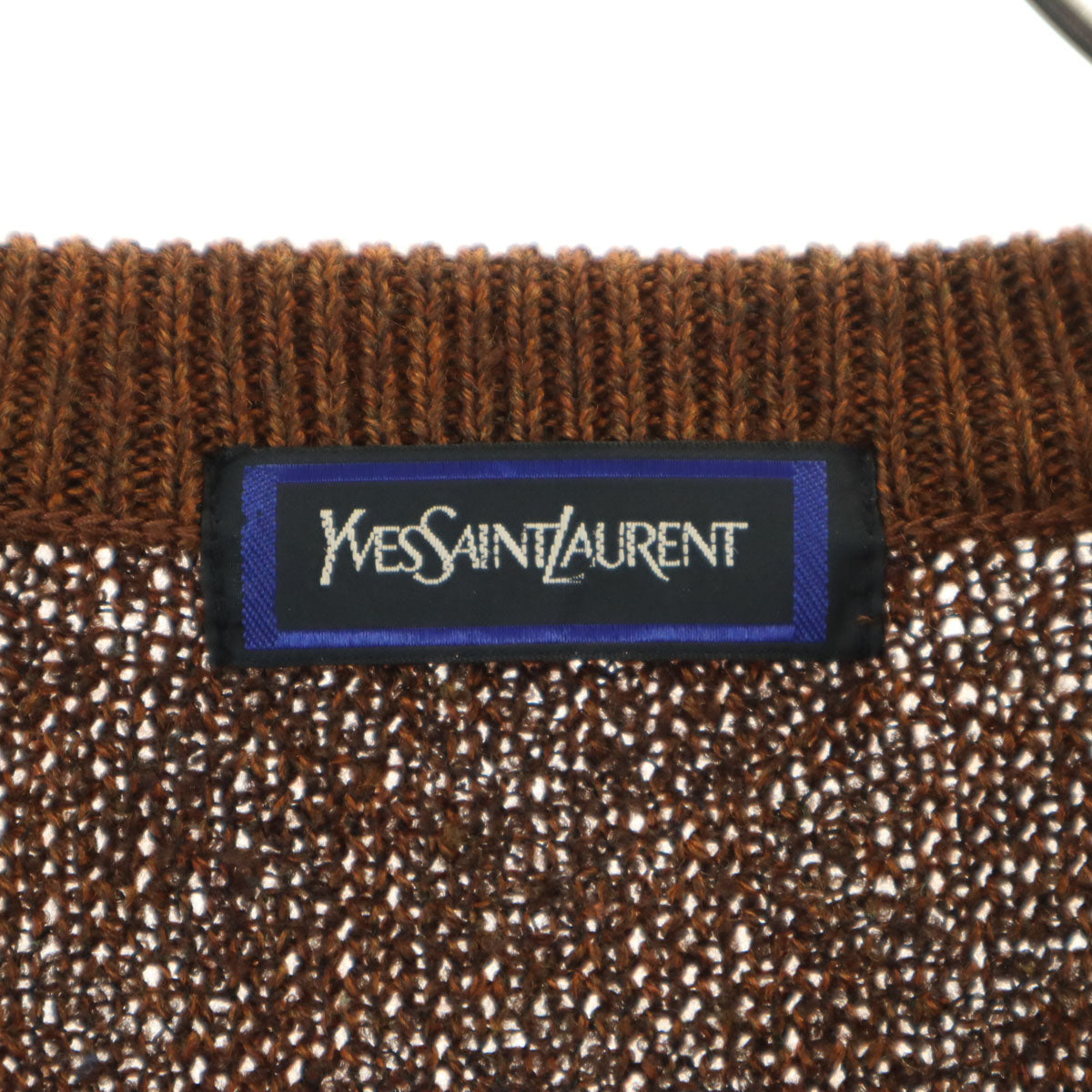 YVES SAINT LAURENT イヴサンローラン 90s オールド 総柄 長袖 Vネック セーター M ブラウン ニット レディース