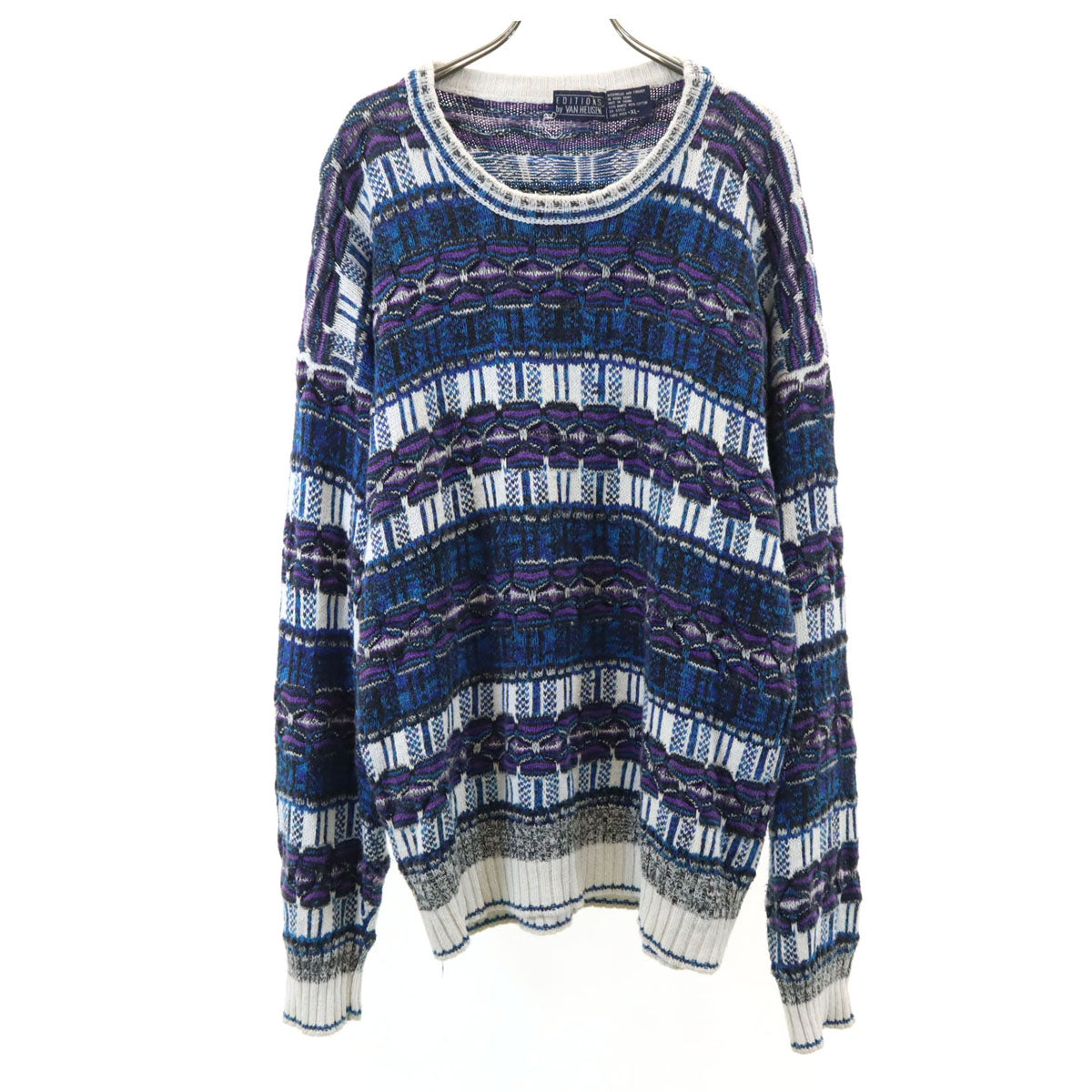 VAN HEUSEN ヴァンヒューゼン 90s オールド 総柄 長袖 3D ニット XL ブルー系 セーター メンズ