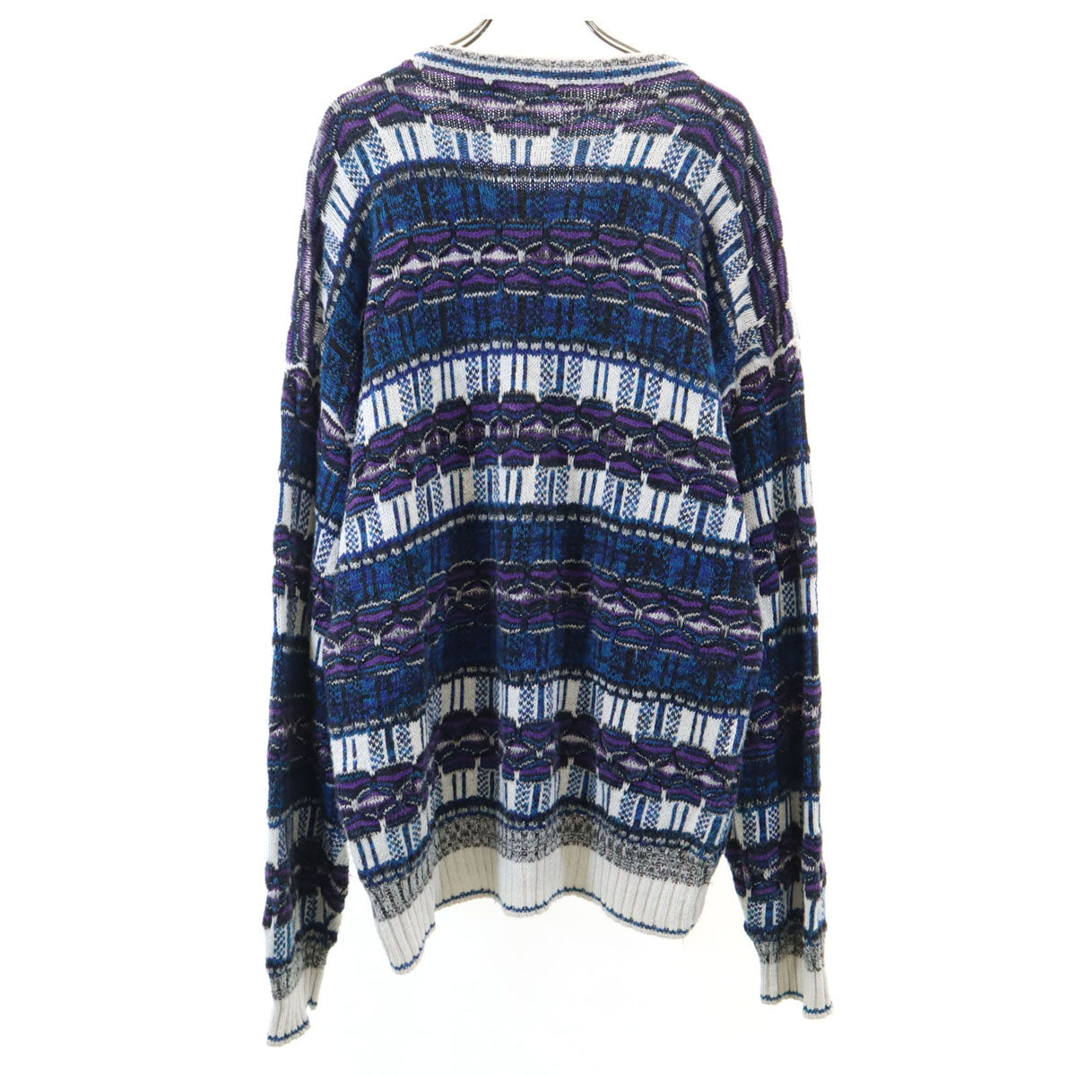 VAN HEUSEN ヴァンヒューゼン 90s オールド 総柄 長袖 3D ニット XL ブルー系 セーター メンズ