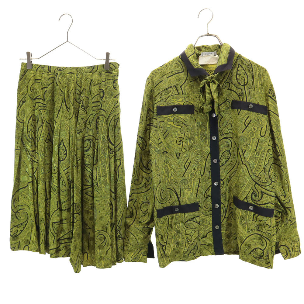 CELINE セリーヌ 90s フランス製 シルク オールド ジェーシーシ― 総柄 長袖 シャツ 上下 セットアップ 38 カーキ レディース