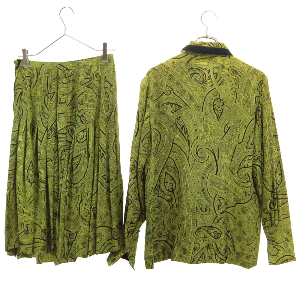 CELINE セリーヌ 90s フランス製 シルク オールド ジェーシーシ― 総柄 長袖 シャツ 上下 セットアップ 38 カーキ レディース