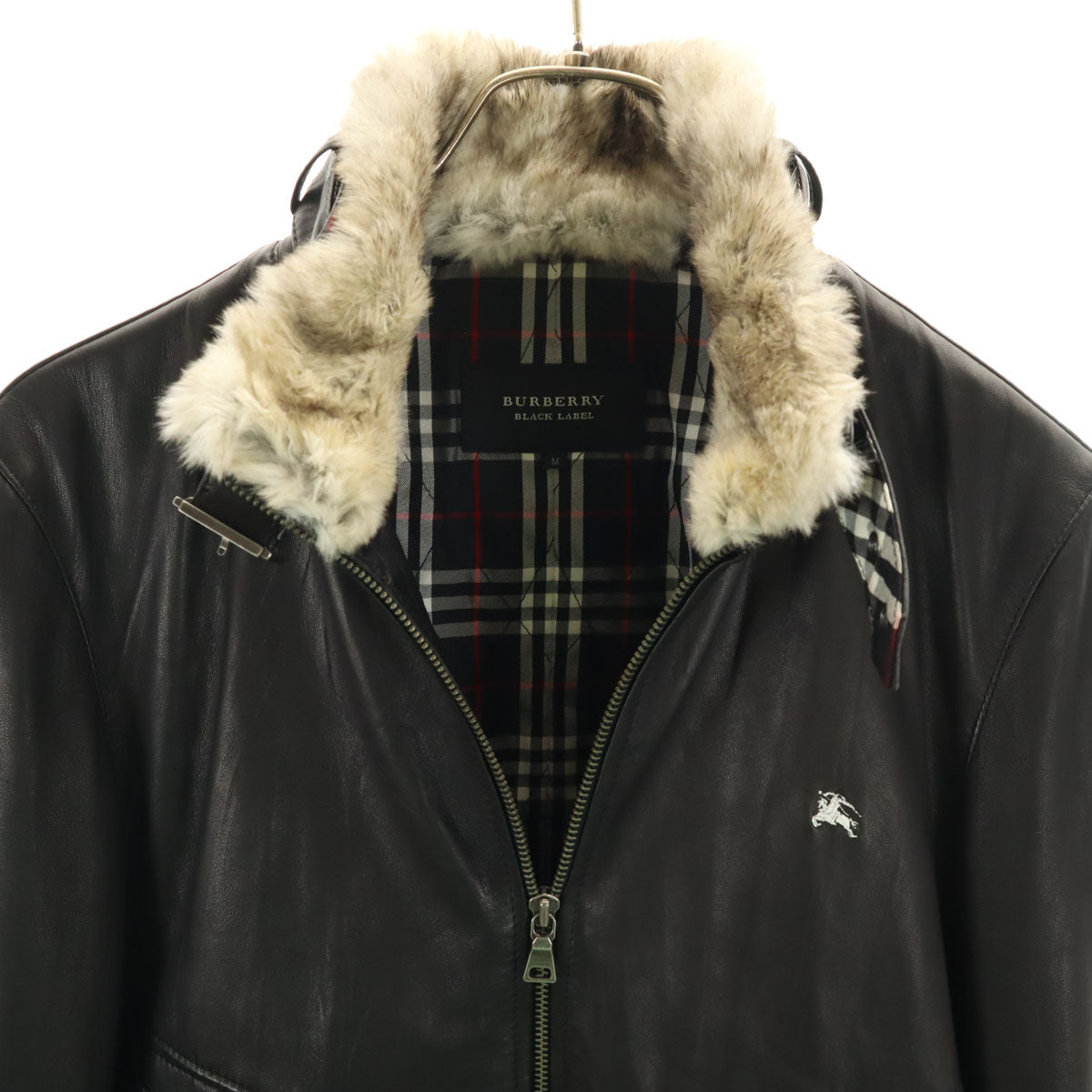 BURBERRY BLACK LABEL バーバリーブラックレーベル 羊革 レザージャケット M ブラック 三陽商会 ラビットファー付き メンズ