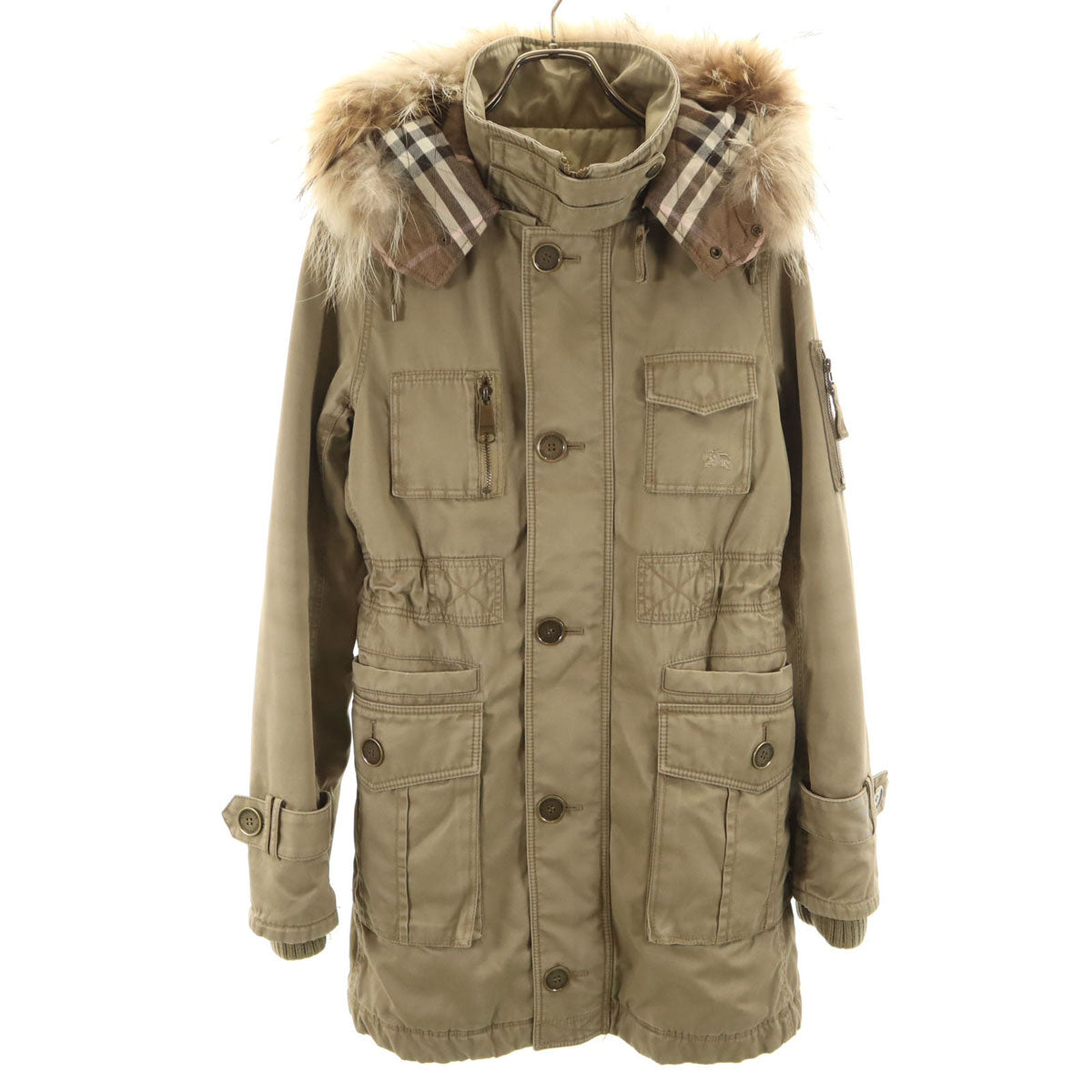 BURBERRY LONDON BLUE LABEL バーバリー ロンドン ブルーレーベル モッズコート 38 ベージュ 三陽商会 中綿 ミリタリー ラクーンファー付き レディース