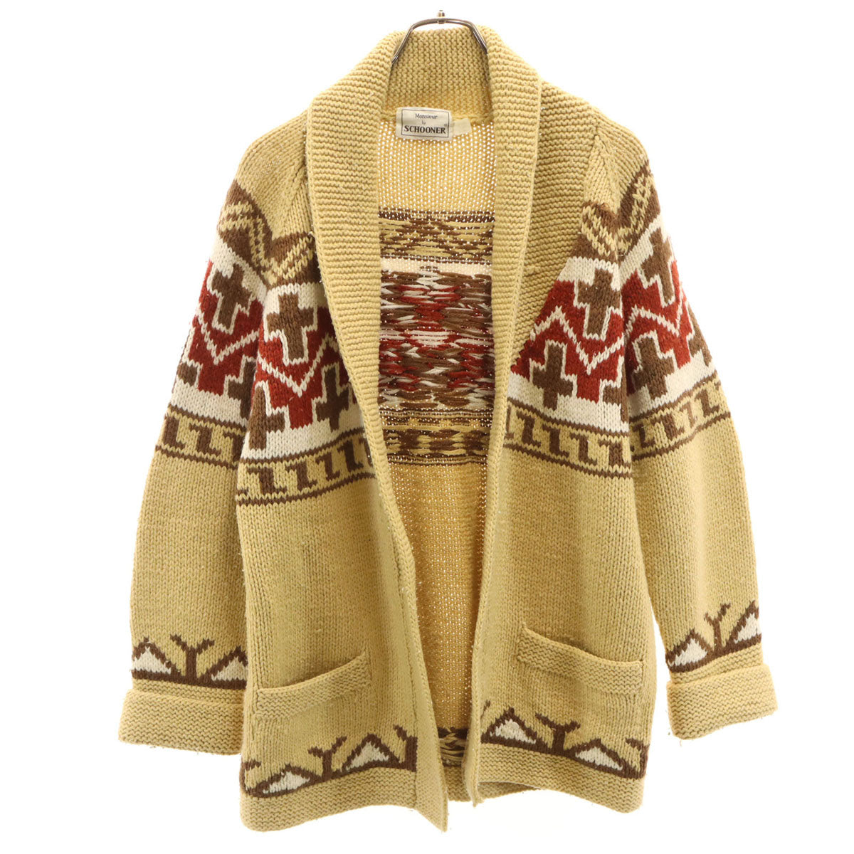 MONSIEUR BY SCHOONER オールド ネイティブ柄 長袖 ニットカーディガン ベージュ メンズ