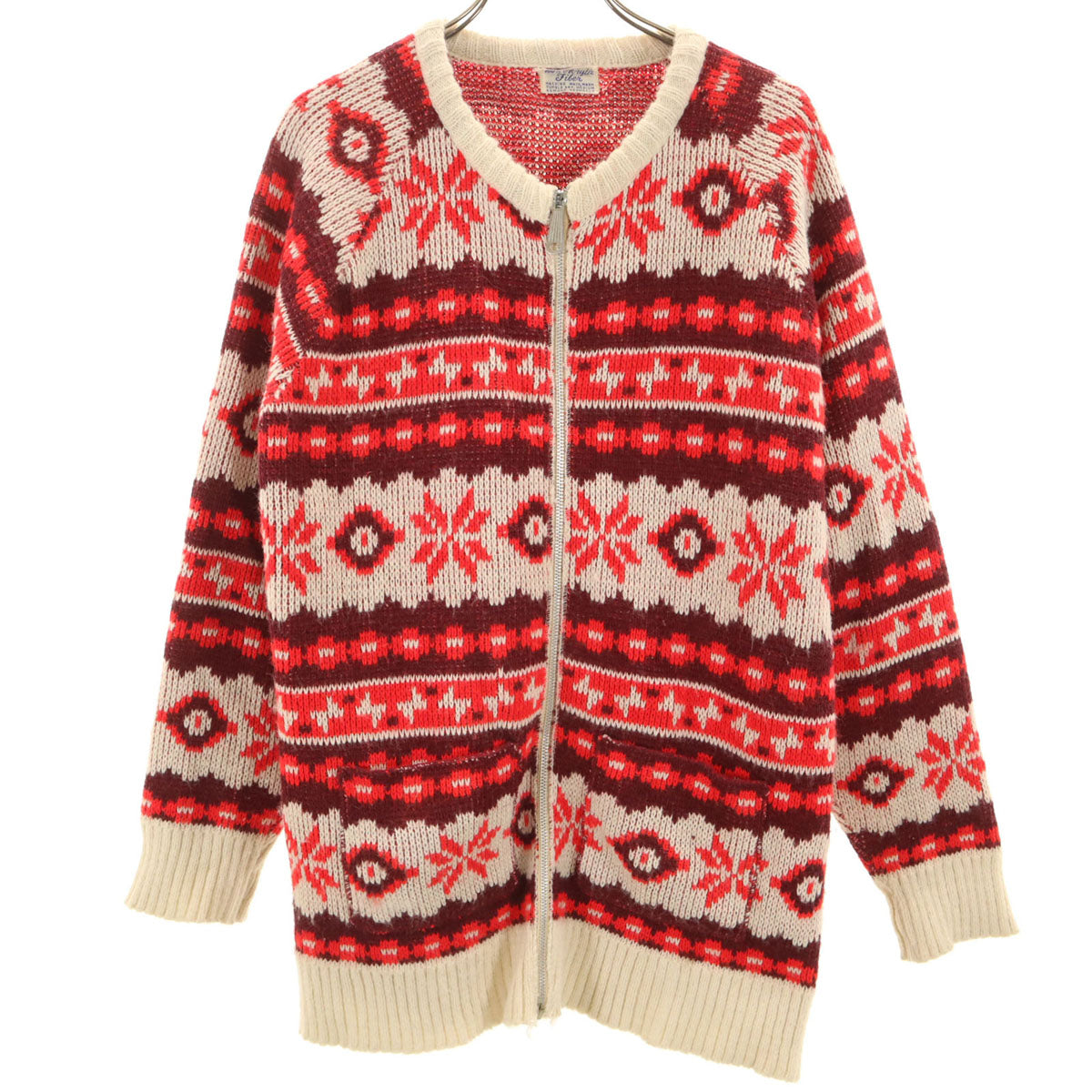 VINTAGE ヴィンテージ 70s セパポケ ノルディック柄 長袖 ジップアップ カーディガン レッド レディース