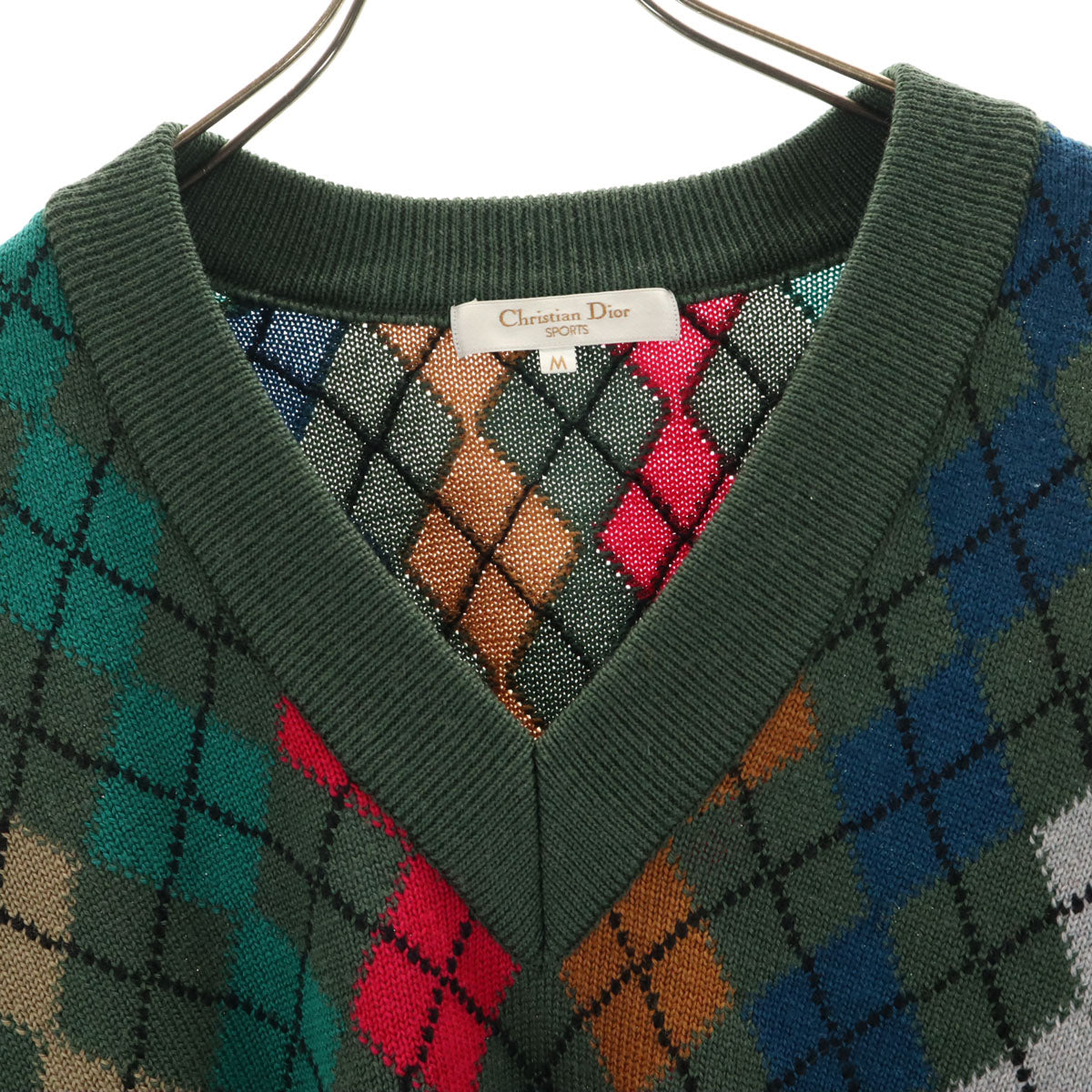 美品 Christian Dior SPORTS クリスチャンディオールスポーツ 90s オールド アーガイル柄 長袖 Vネック セーター M カーキ ニット レディース