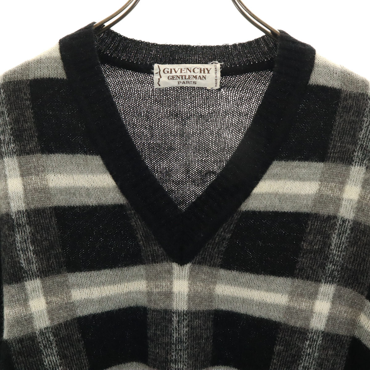 GIVENCHY GENTLEMAN ジバンシィ ジェントルマン 80s 90s オールド チェック柄 長袖 Vネック セーター 4 ブラック ニット メンズ