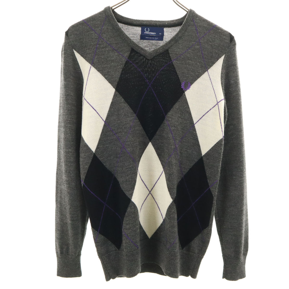 FRED PERRY フレッドペリー アーガイル柄 長袖 Vネック ニット XS チャコールグレー セーター メンズ