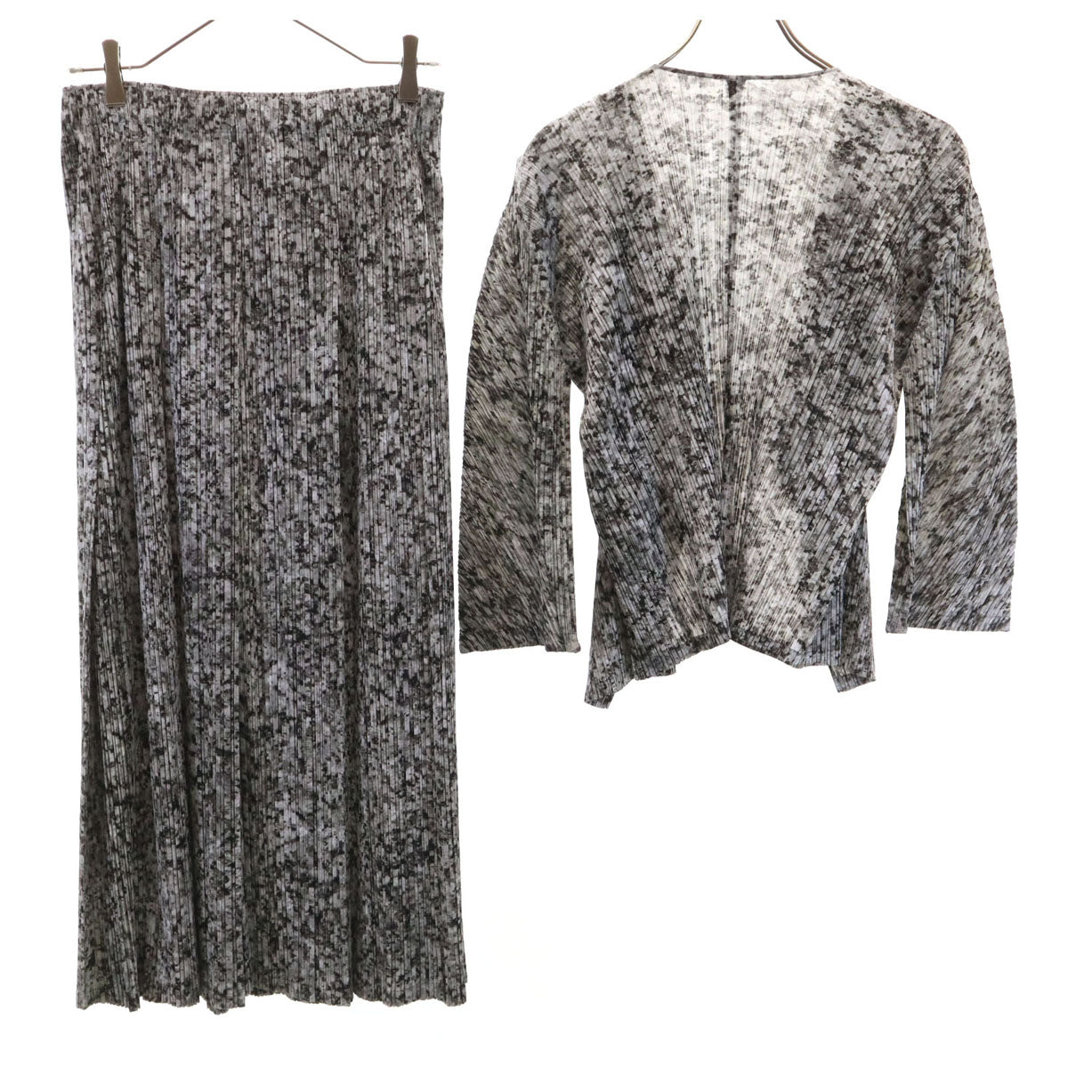 PLEATS PLEASE プリーツプリーズ 日本製 総柄 7分袖 カーディガン 上下 セットアップ 3/4 グレー イッセイミヤケ レディース