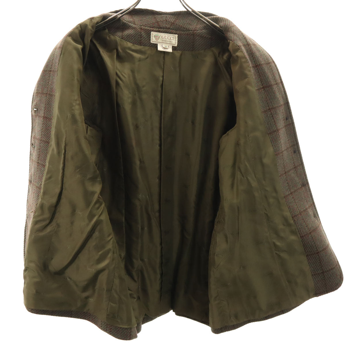 GUCCI グッチ 80s イタリア製 ウール ヴィンテージ オールド チェック柄 スカートスーツ 上下 セットアップ 46 グリーン系 レディース