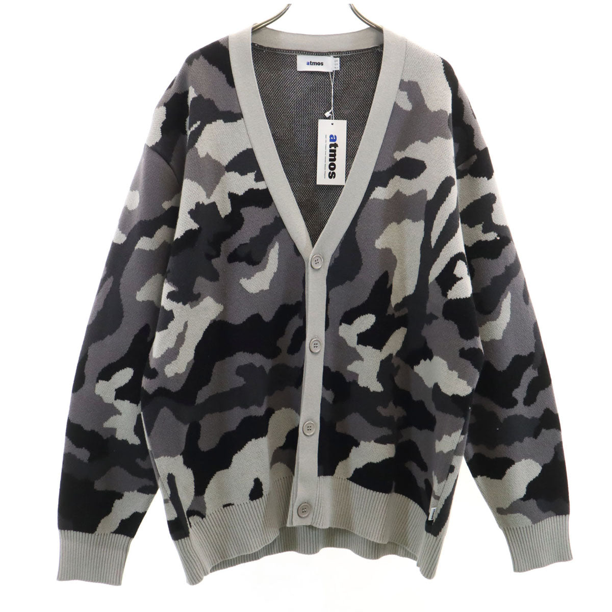 未使用 atmos アトモス カモフラ柄 長袖 Vネック ニットカーディガン L グレー 迷彩 メンズ