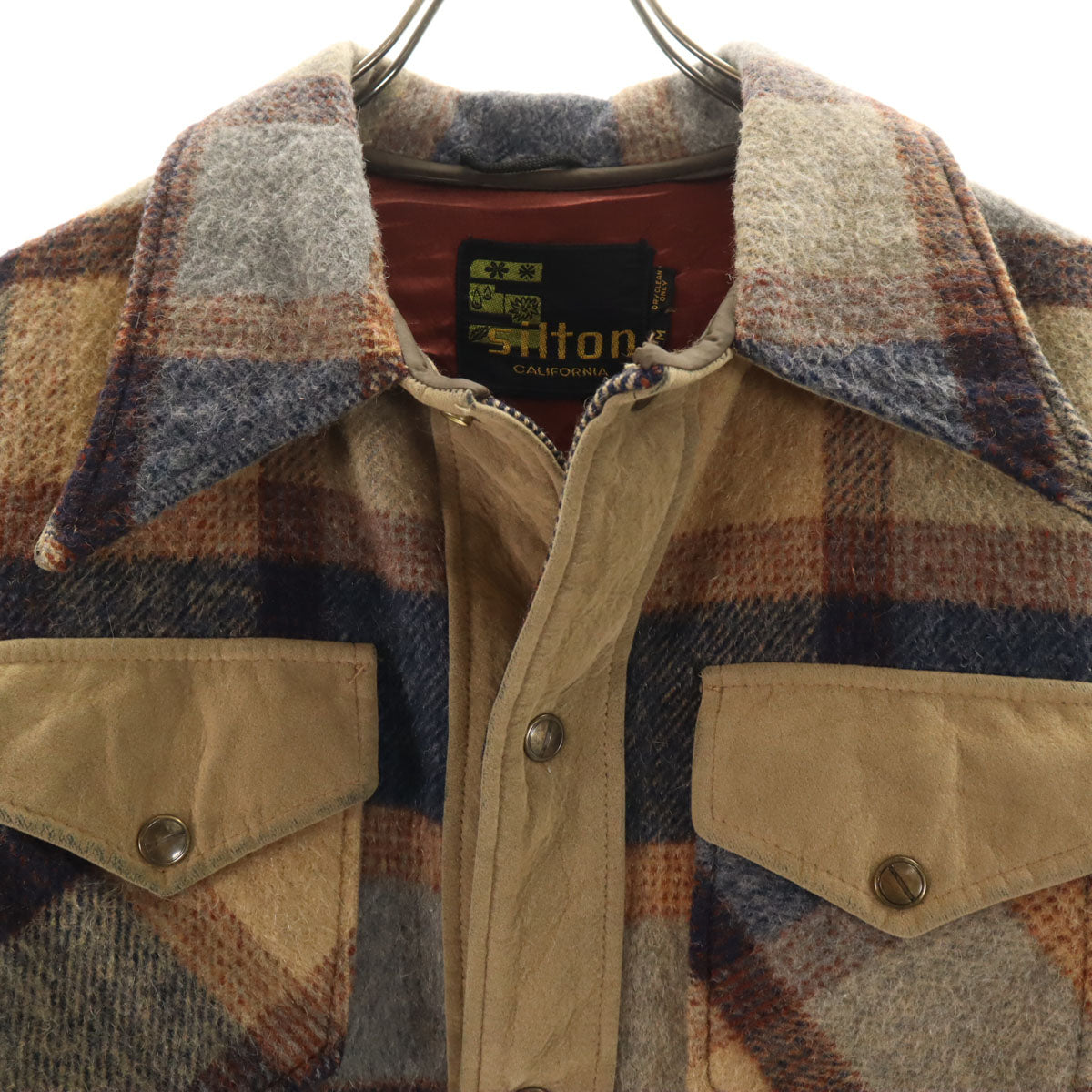 Silton シルトン 70s ヴィンテージ チェック柄 ウール シャツジャケット M ベージュ メンズ