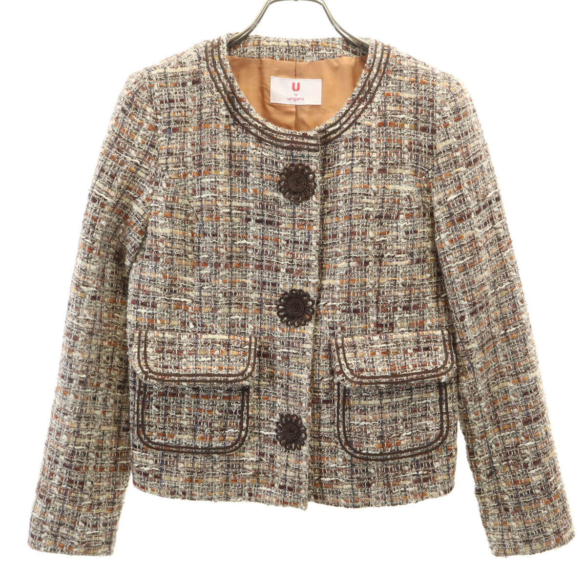 U by ungaro ユーバイウンガロ 日本製 ファンシーツイード ノーカラージャケット 36 ベージュ レディース