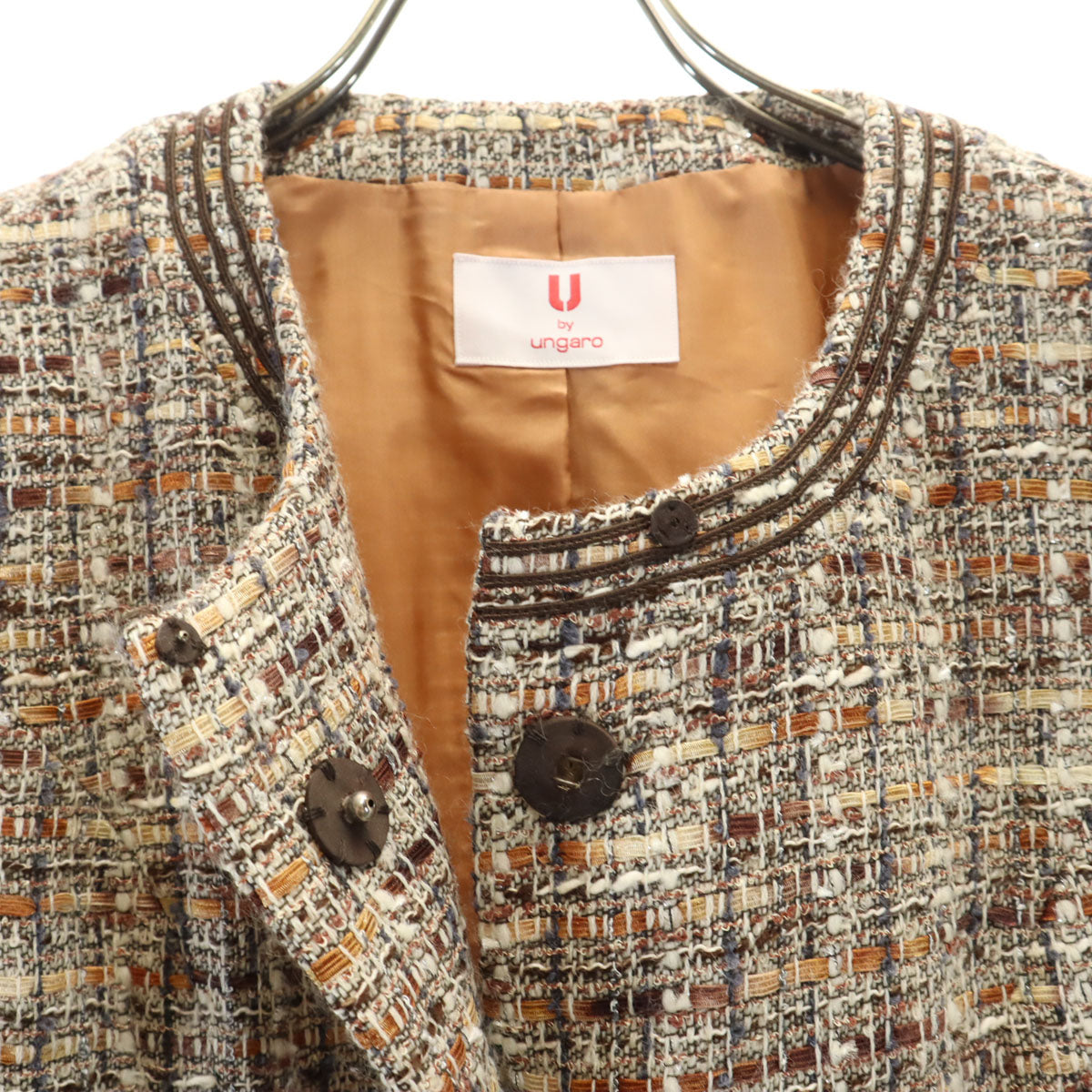 U by ungaro ユーバイウンガロ 日本製 ファンシーツイード ノーカラージャケット 36 ベージュ レディース