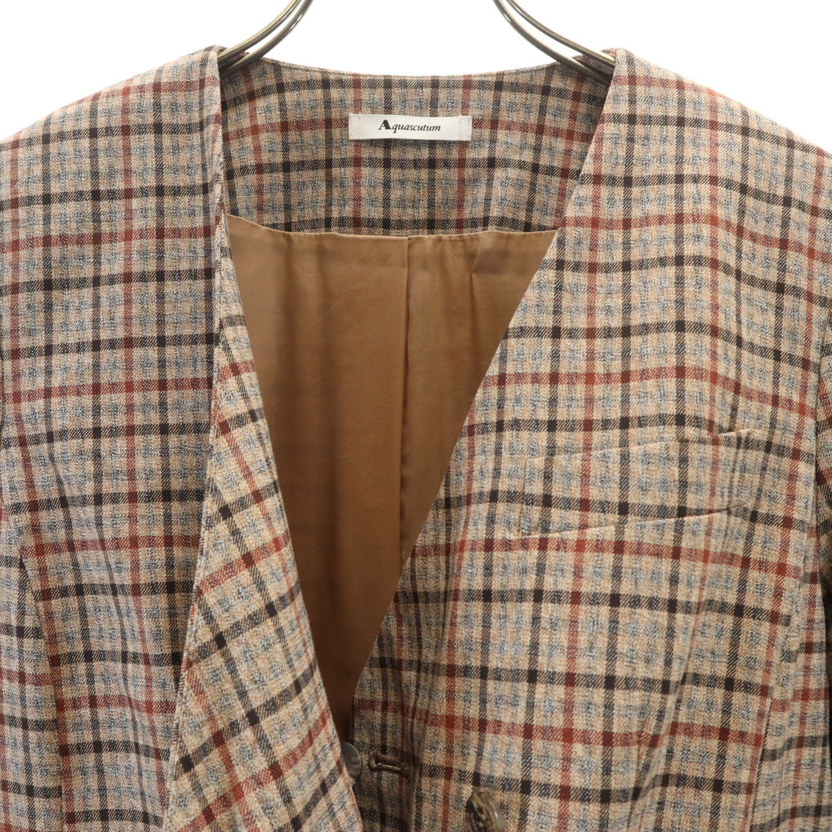 Aquascutum アクアスキュータム チェック柄 ノーカラーコート M ブラウン系 スプリング レディース