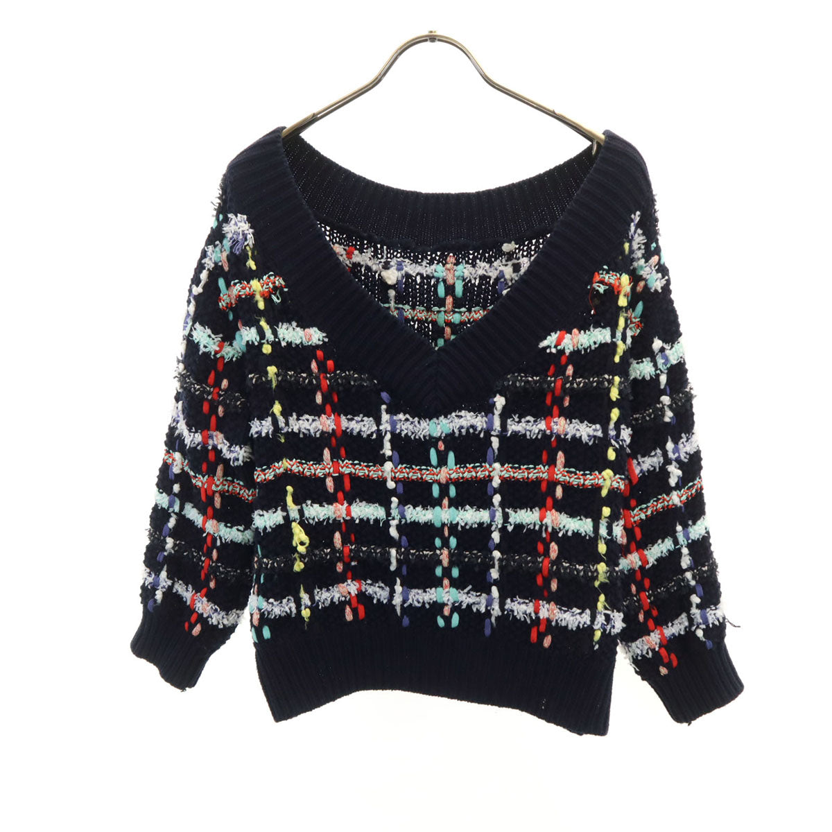 Diagram ダイアグラム チェック柄 長袖 Vネック ニット 36 ネイビー セーター レディース