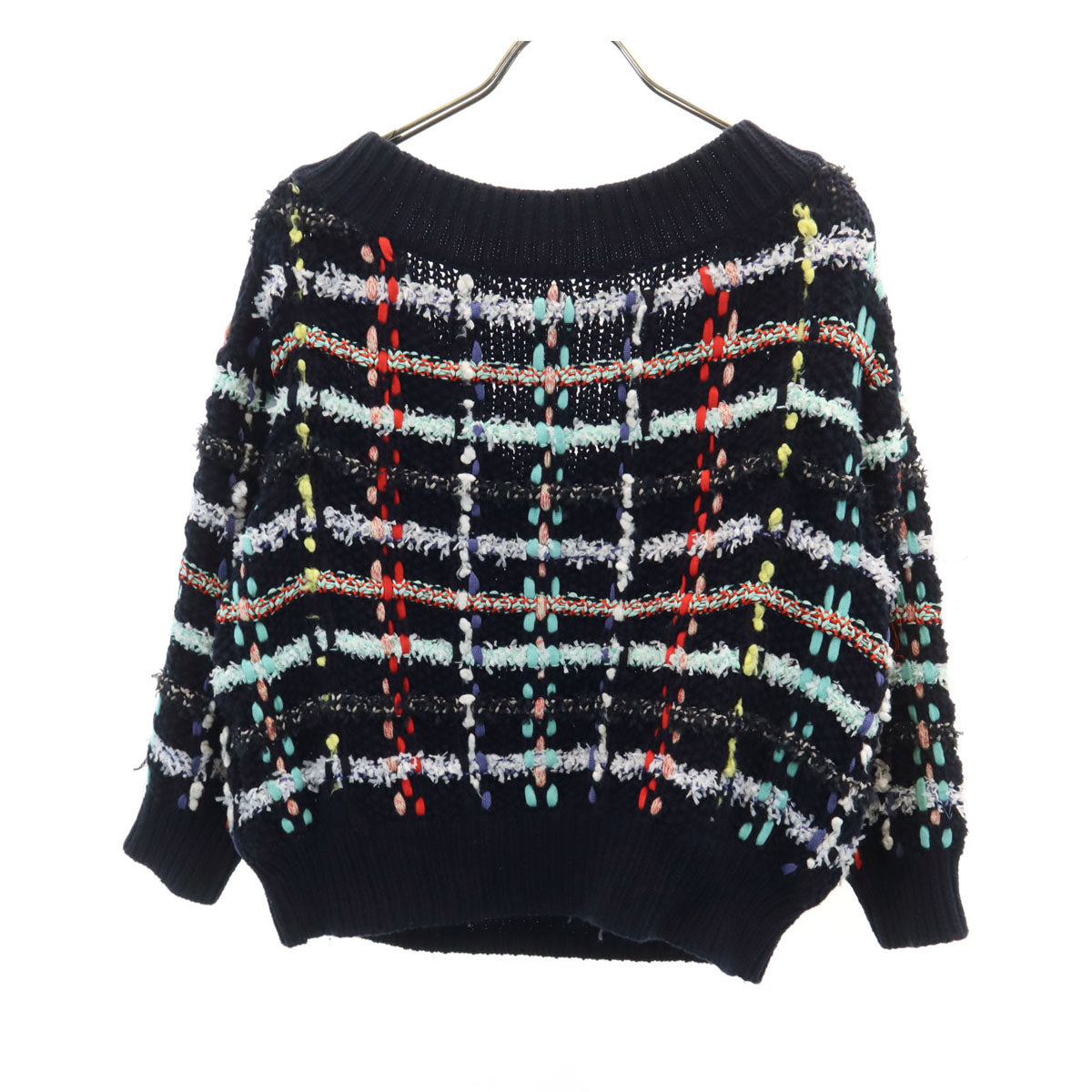 Diagram ダイアグラム チェック柄 長袖 Vネック ニット 36 ネイビー セーター レディース