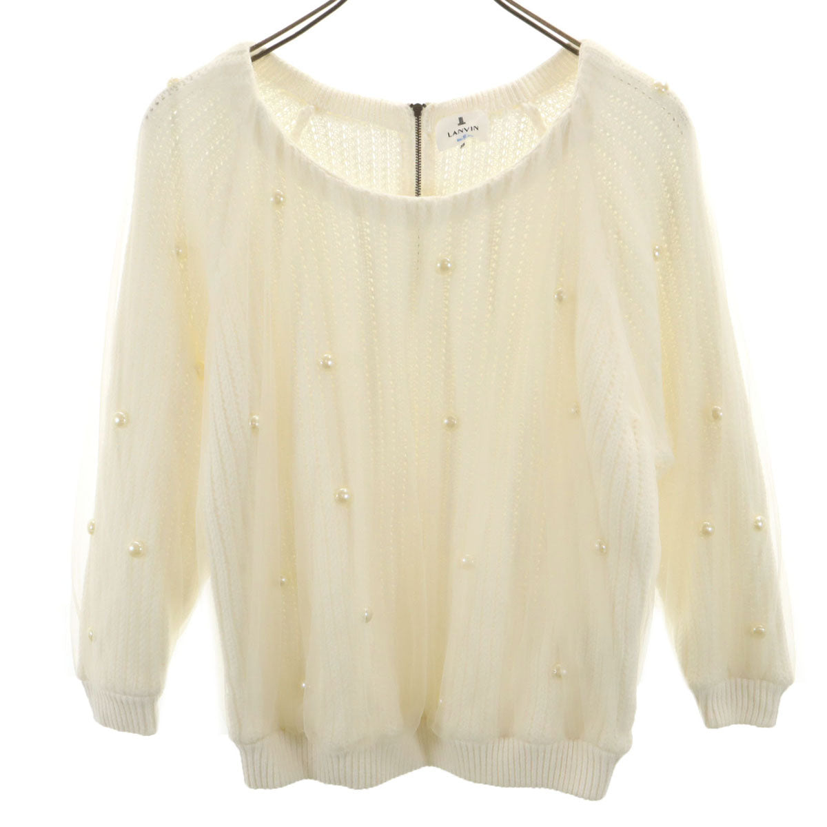 美品 LANVIN en Bleu ランバンオンブルー 7分袖 パール付き チュール ニット 38 ホワイト セーター レディース