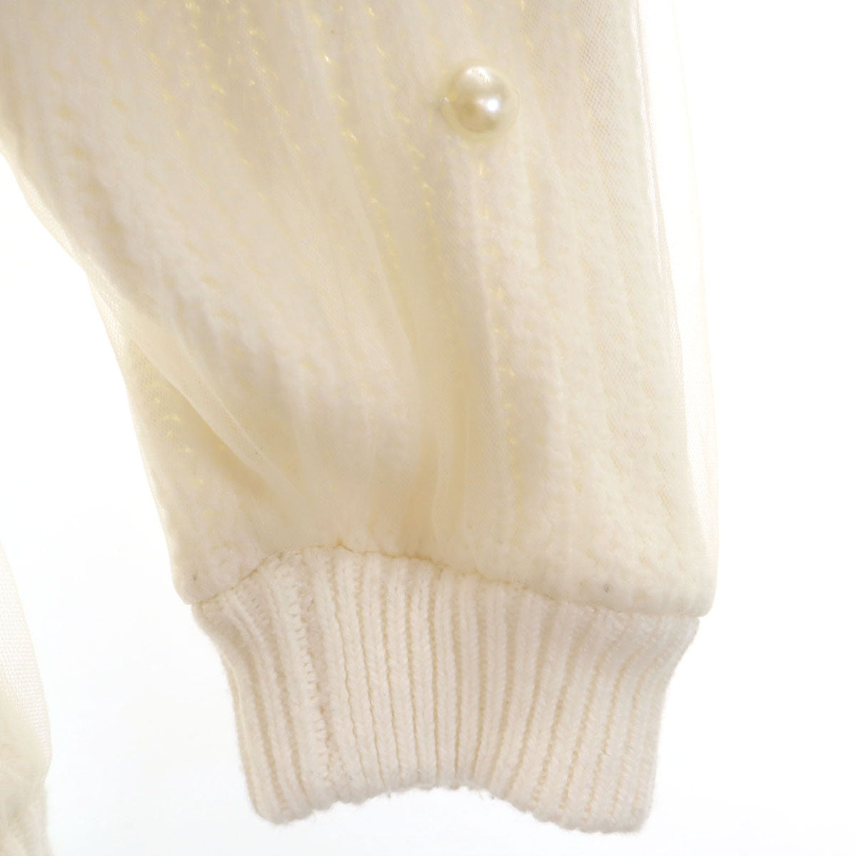 美品 LANVIN en Bleu ランバンオンブルー 7分袖 パール付き チュール ニット 38 ホワイト セーター レディース