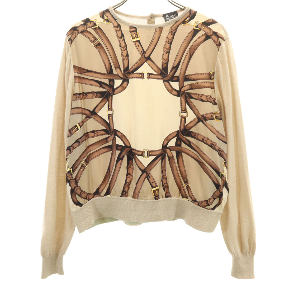 Herno ヘルノ イタリア製 カシミヤ シルクブレンド スカーフ柄 長袖 ニット 40 ベージュ レディース