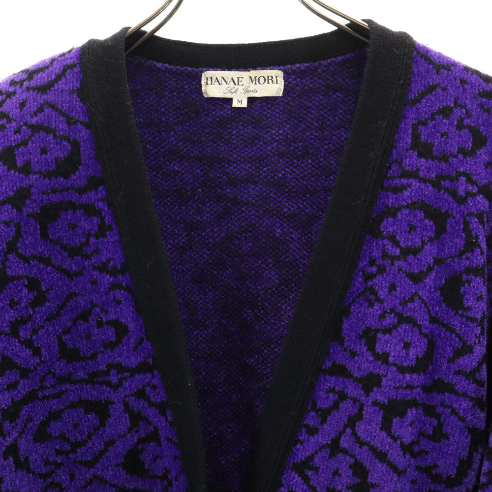 ハナエモリ 総柄 長袖 ニットカーディガン M パープル HANAE MORI 森