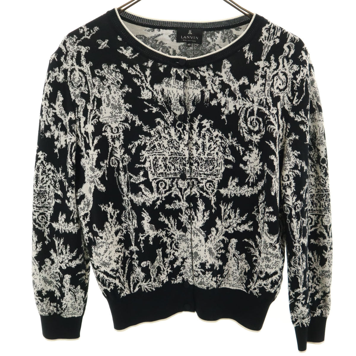 美品 LANVIN LA COLLECTION ランバンコレクション 日本製 総柄 長袖 ニットカーディガン 40 ブラック レディース