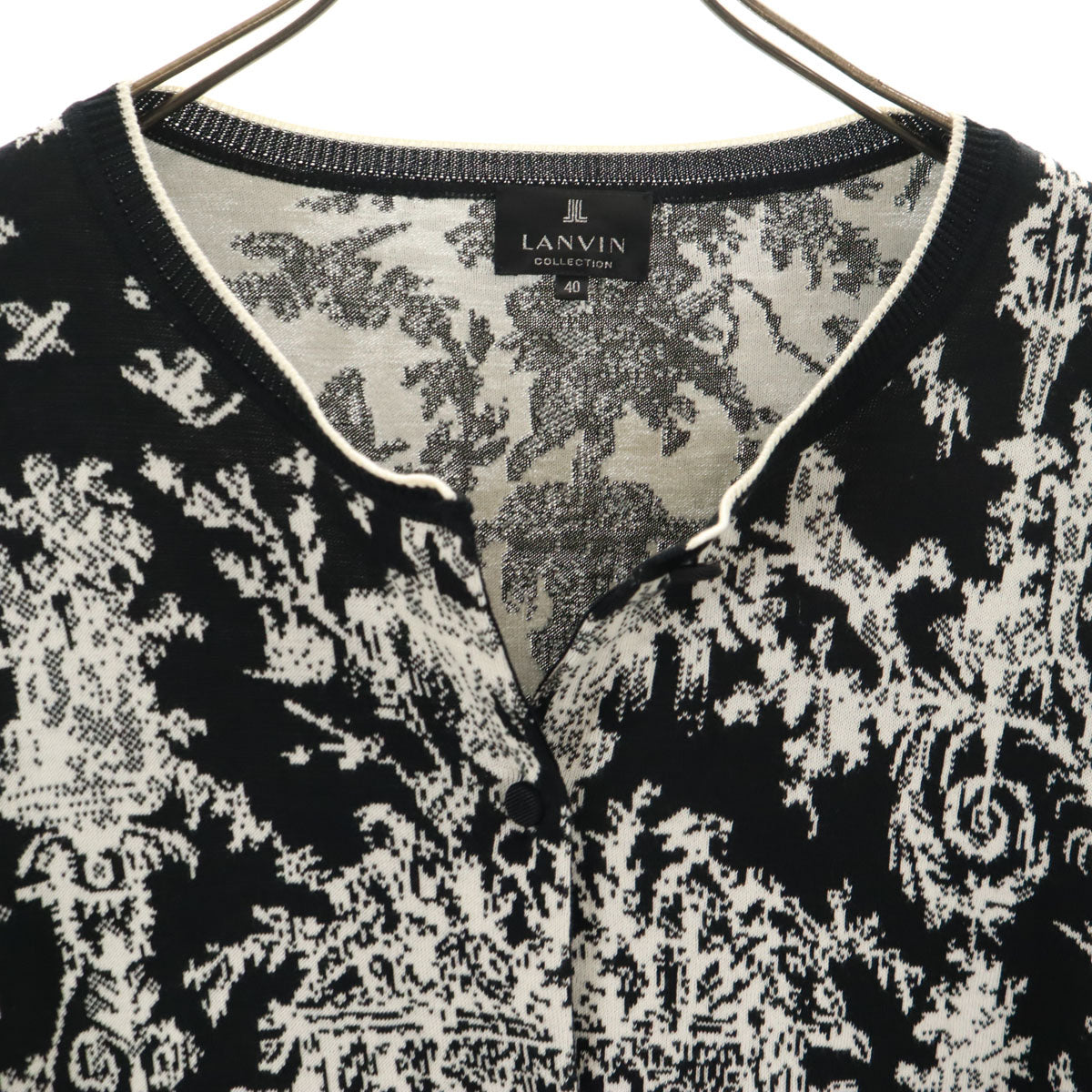 美品 LANVIN LA COLLECTION ランバンコレクション 日本製 総柄 長袖 ニットカーディガン 40 ブラック レディース