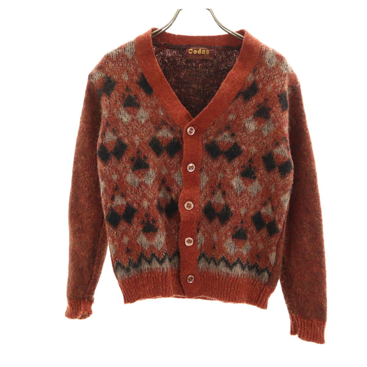 60s 70s ヴィンテージ アーガイル柄 長袖 モヘア カーディガン オレンジ メンズ