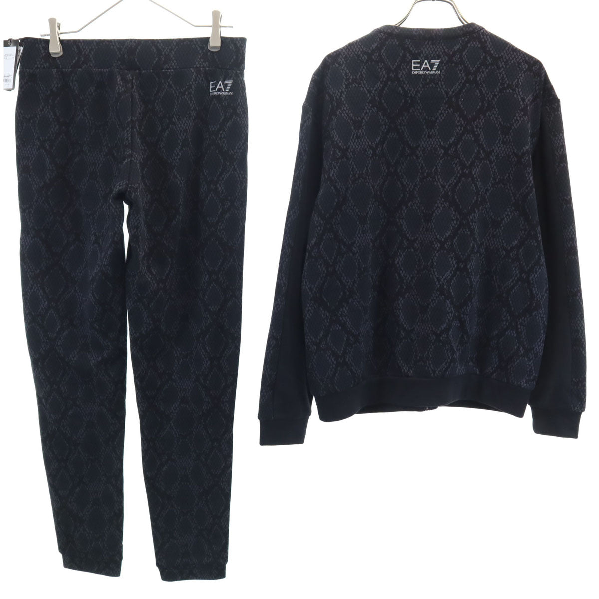 美品 Emporio Armani エンポリオアルマーニ パイソン柄 スウェット ジップジャケット 上下 セットアップ S/M ブラック EA7 メンズ