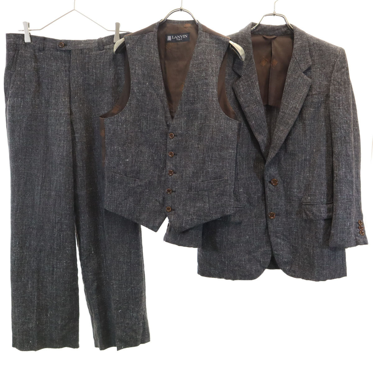 LANVIN ランバン 90s オールド スーツ 上下 セットアップ H50-26 チャコールブラウン 3ピース メンズ