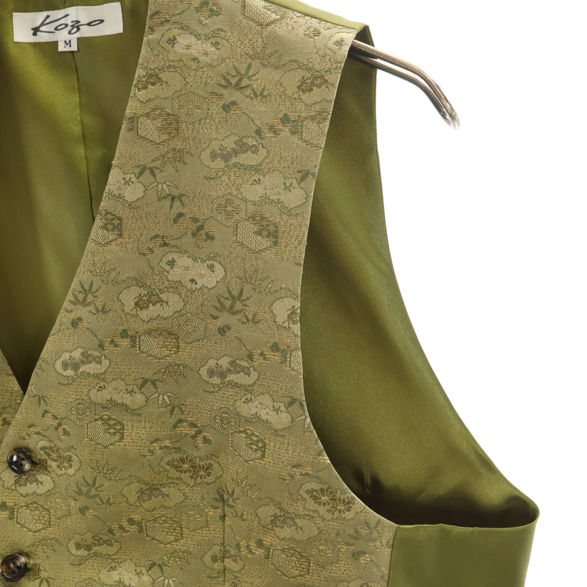 未使用 KOZO 日本製 シルク 和柄 大島紬 ジレベスト M 抹茶色 メンズ