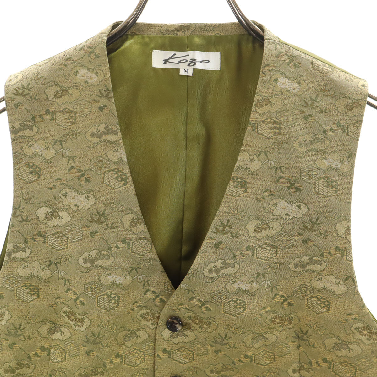 未使用 KOZO 日本製 シルク 和柄 大島紬 ジレベスト M 抹茶色 メンズ