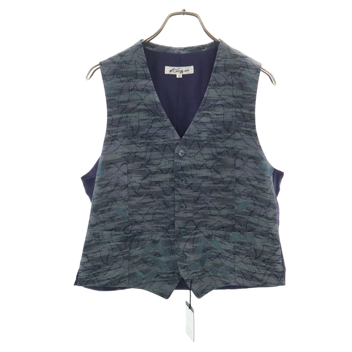 未使用 KOZO 日本製 シルク 総柄 大島紬 ジレベスト M ネイビー メンズ