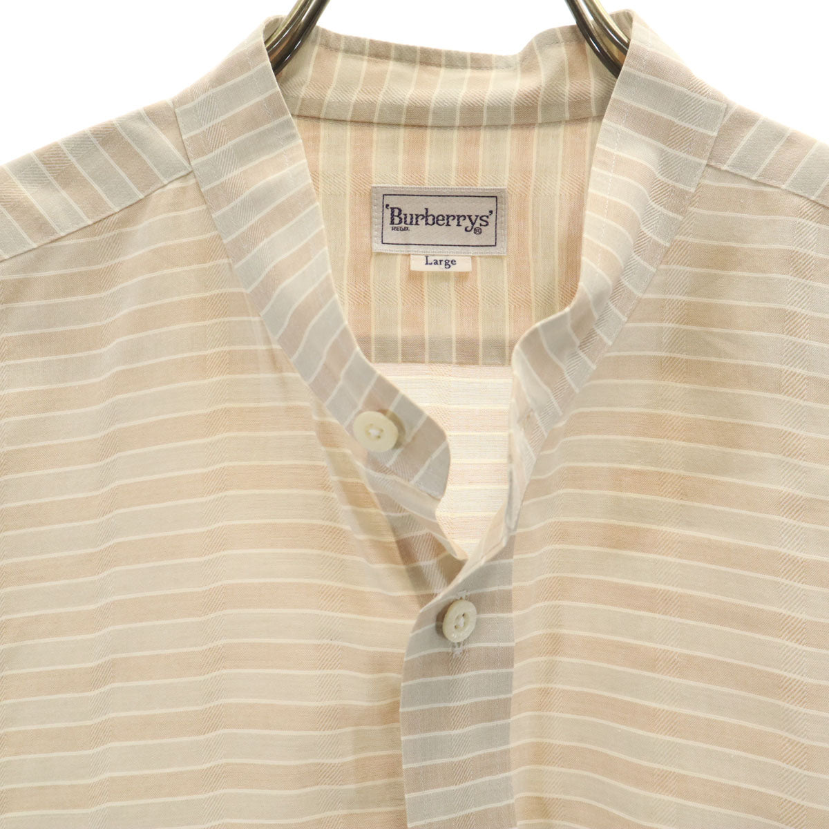 Burberrys バーバリーズ 90s リネンブレンド オールド ボーダー柄 長袖 バンドカラーシャツ L ベージュ メンズ
