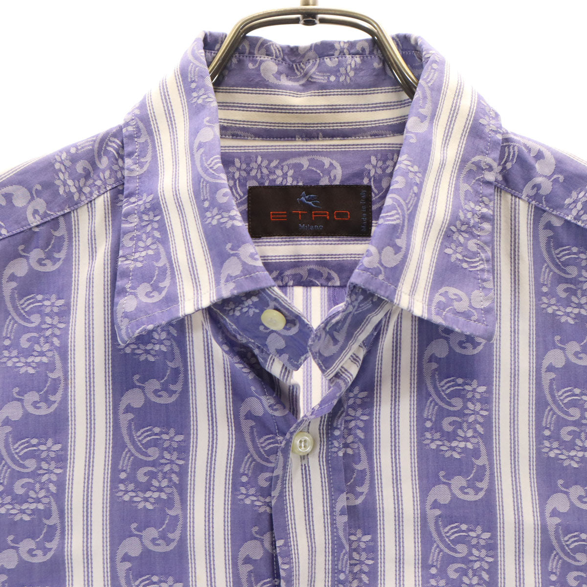 ETRO エトロ イタリア製 花 ストライプ柄 7分袖 コットンシャツ L パープル メンズ