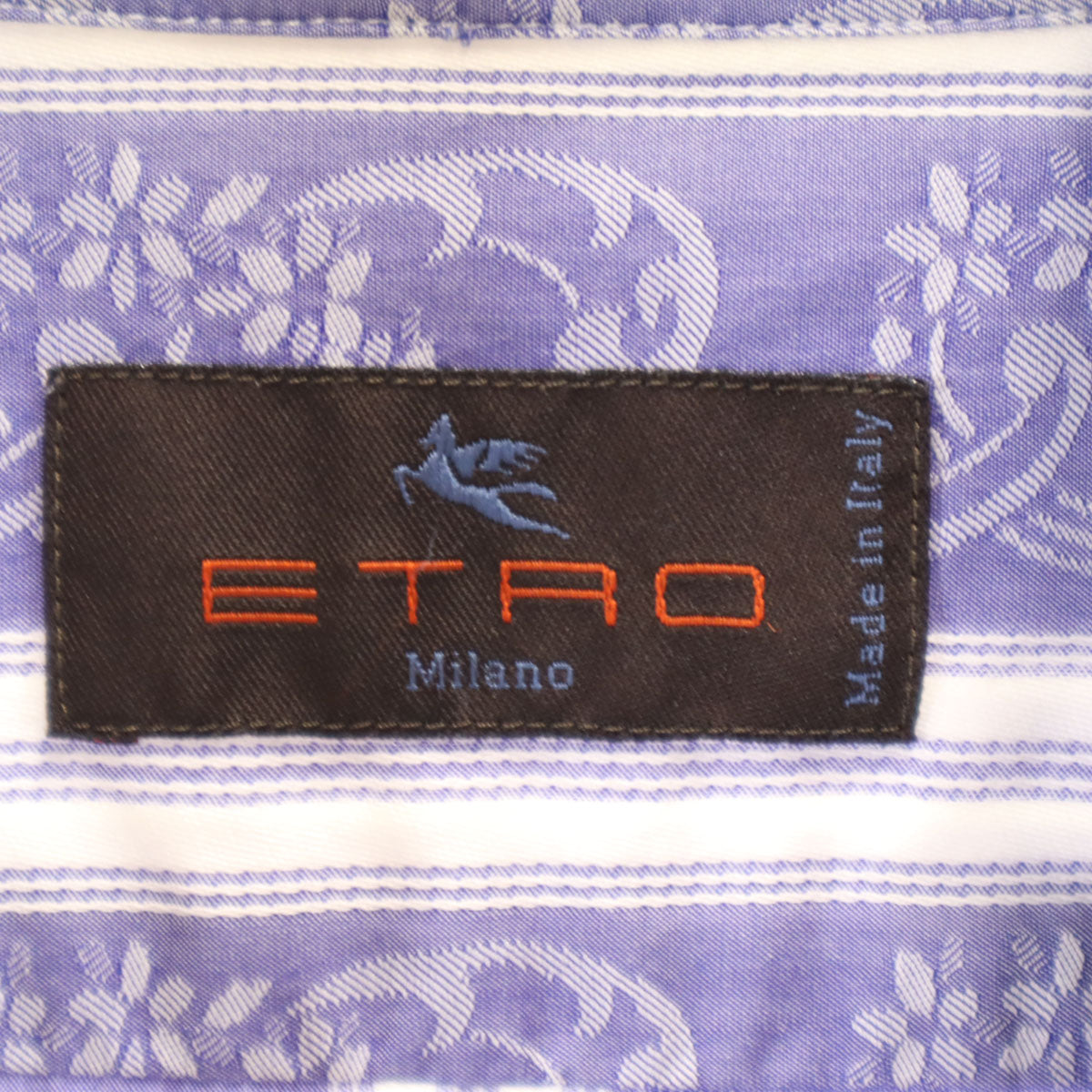 ETRO エトロ イタリア製 花 ストライプ柄 7分袖 コットンシャツ L パープル メンズ