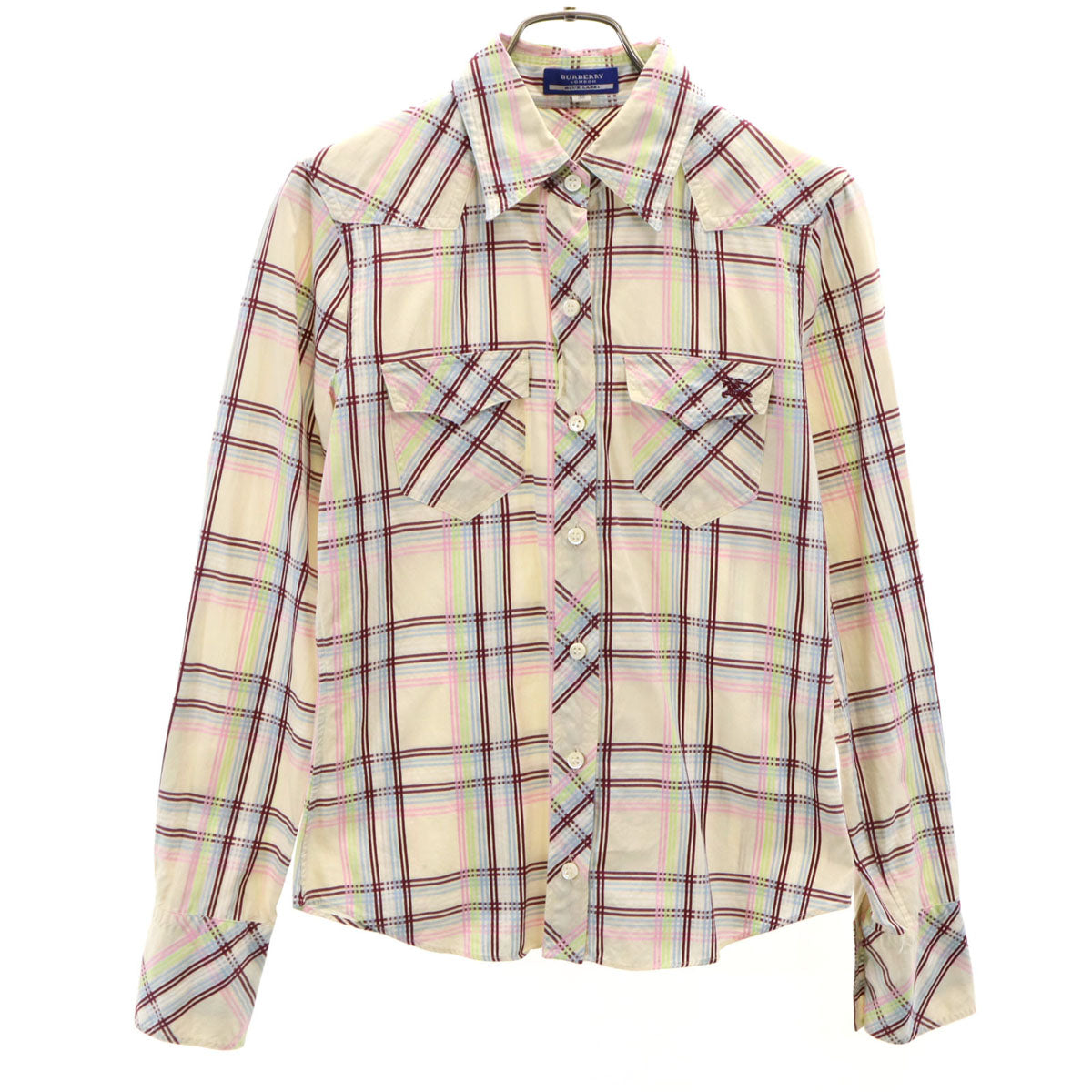 BURBERRY LONDON BLUE LABEL バーバリー ロンドン ブルーレーベル 日本製 チェック柄 長袖 ウエスタンシャツ 38 ベージュ 三陽商会 レディース