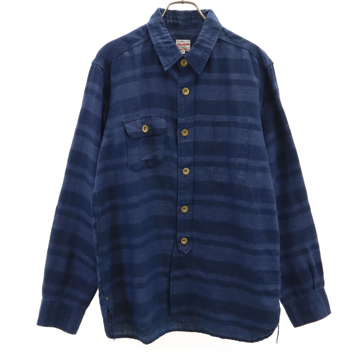 MOMOTARO JEANS 桃太郎ジーンズ リネンブレンド ボーダー柄 長袖 ワークシャツ 40 ネイビー メンズ
