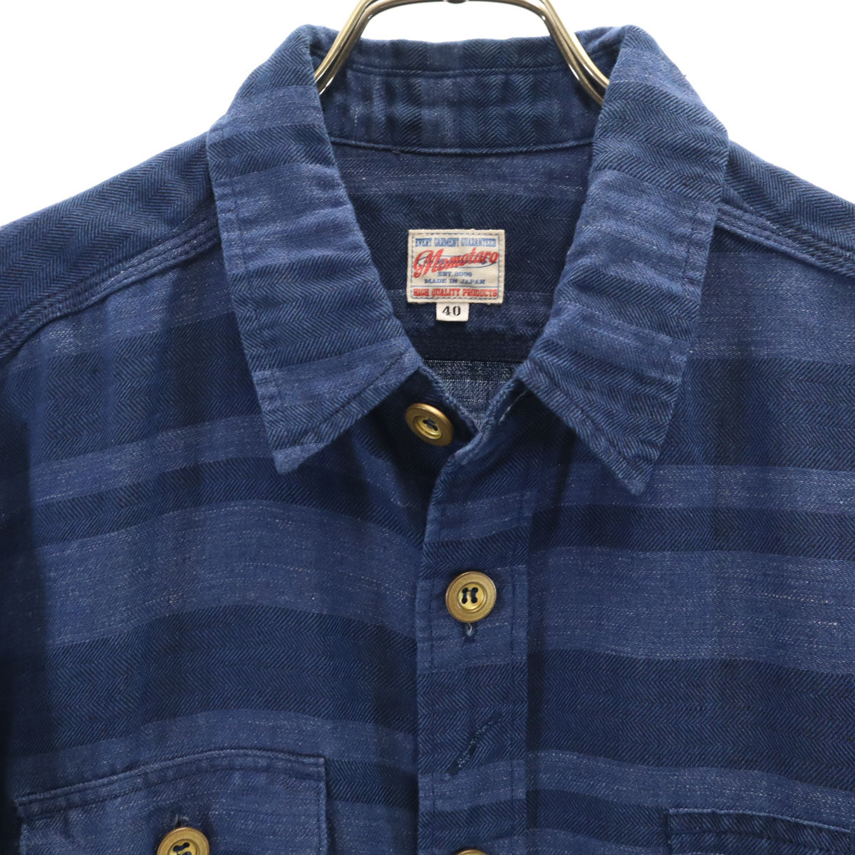 MOMOTARO JEANS 桃太郎ジーンズ リネンブレンド ボーダー柄 長袖 ワークシャツ 40 ネイビー メンズ
