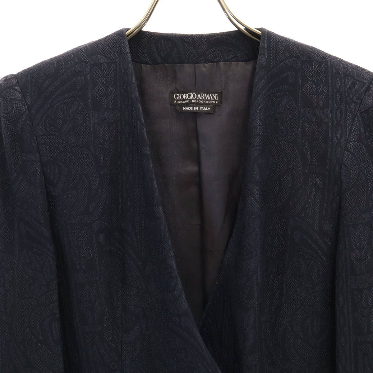 GIORGIO ARMANI ジョルジオアルマーニ 90s イタリア製 オールド 花柄 ジャガード ノーカラージャケット 38 ネイビー レディース