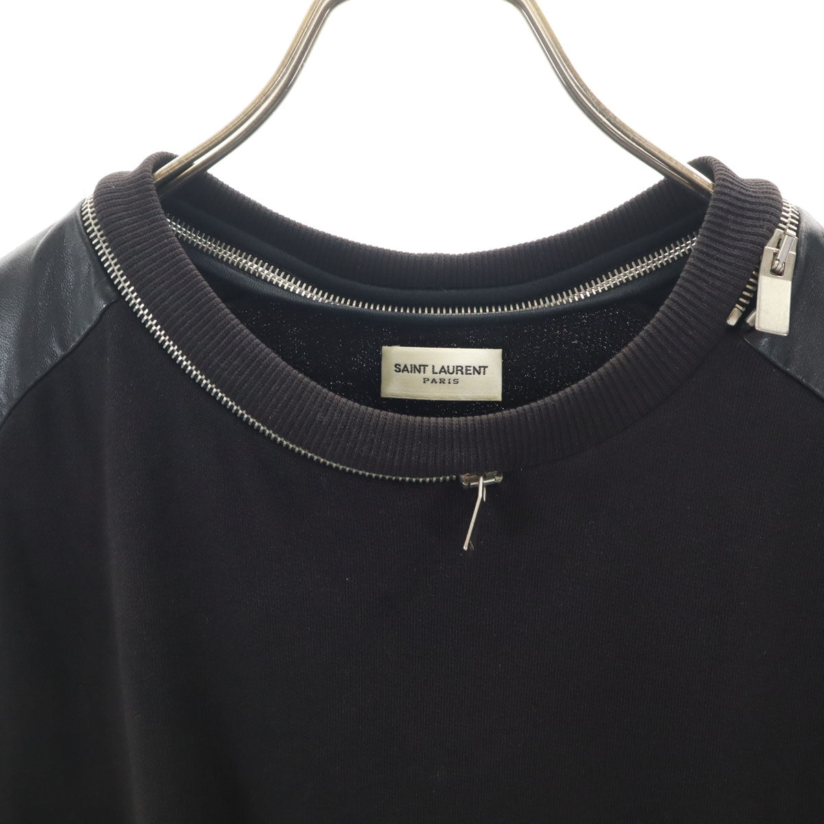 SAINT LAURENT サンローラン イタリア製 ノースリーブ ラムレザー切替 スウェット XS ブラック レディース