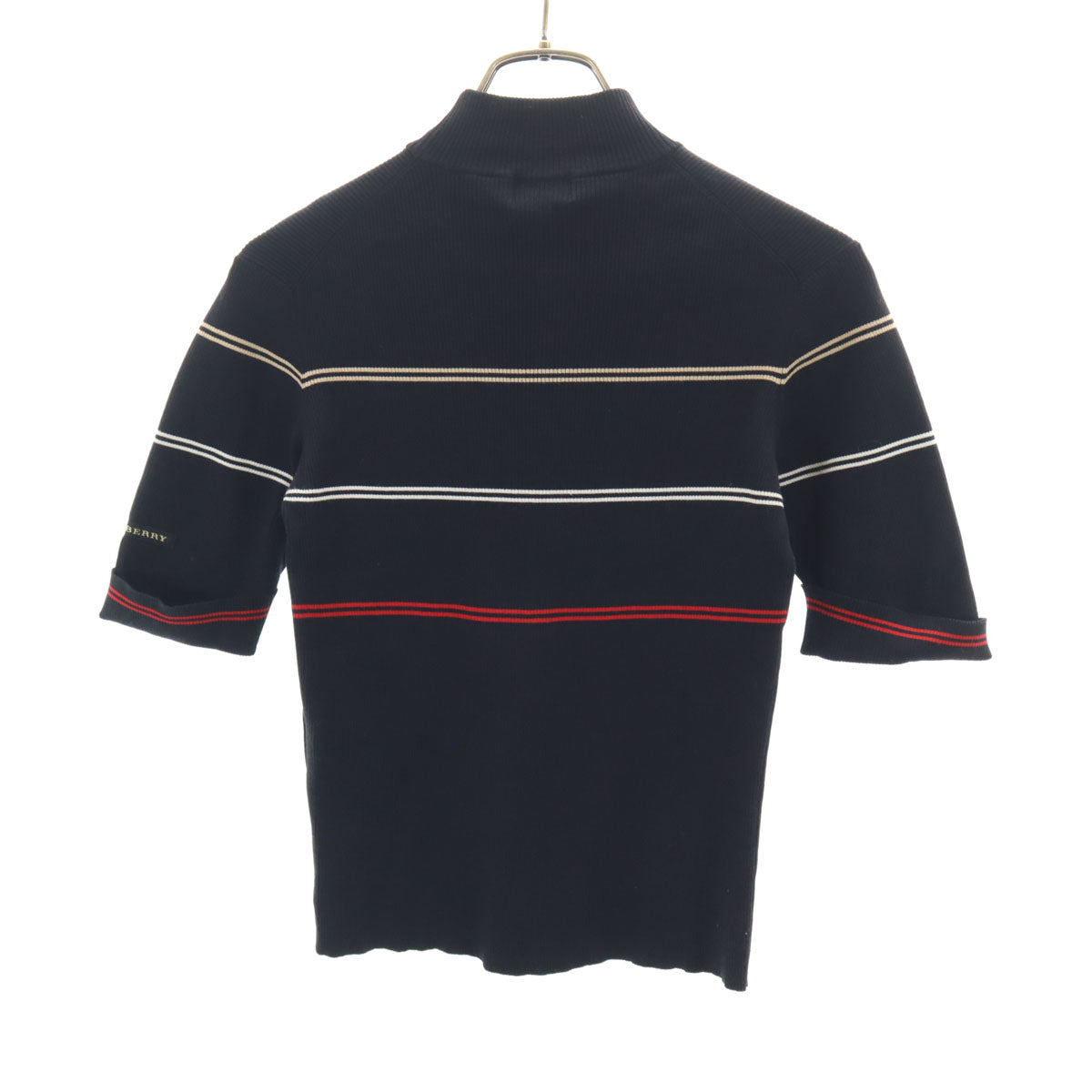 BURBERRY GOLF バーバリーゴルフ ボーダー柄 半袖 ハイネック リブ ニット M ブラック 三陽商会 レディース