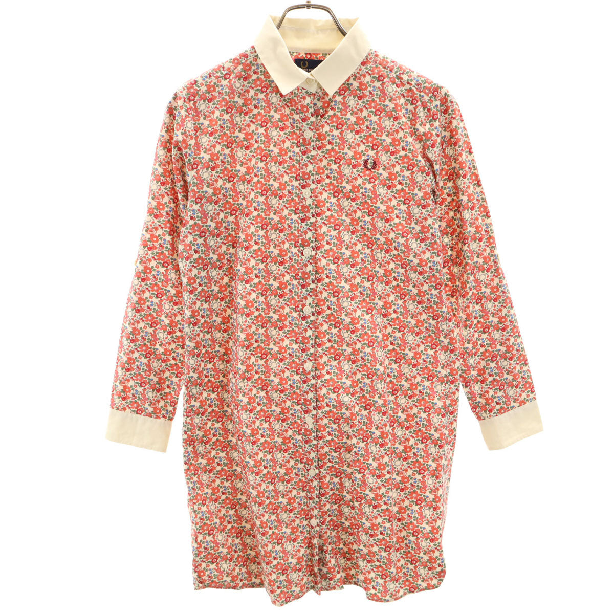 FRED PERRY フレッドペリー 花柄 長袖 シャツワンピース S ピンク系 ロールアップ レディース